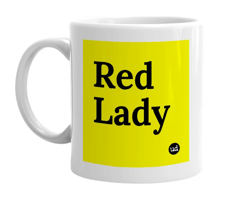 White mug with 'Red Lady' in bold black letters