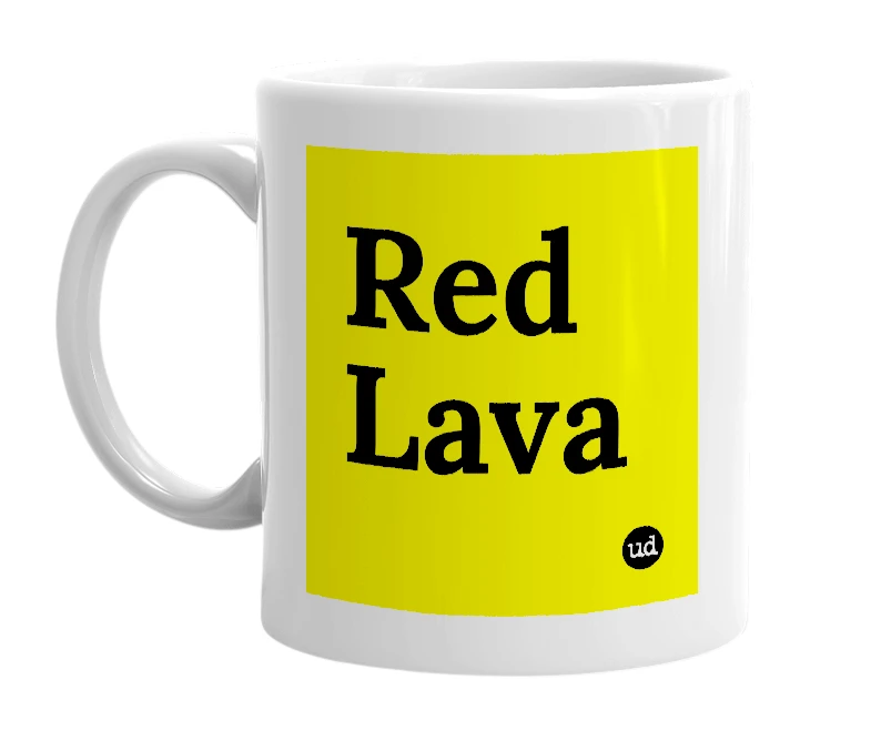 White mug with 'Red Lava' in bold black letters