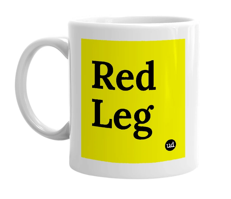 White mug with 'Red Leg' in bold black letters