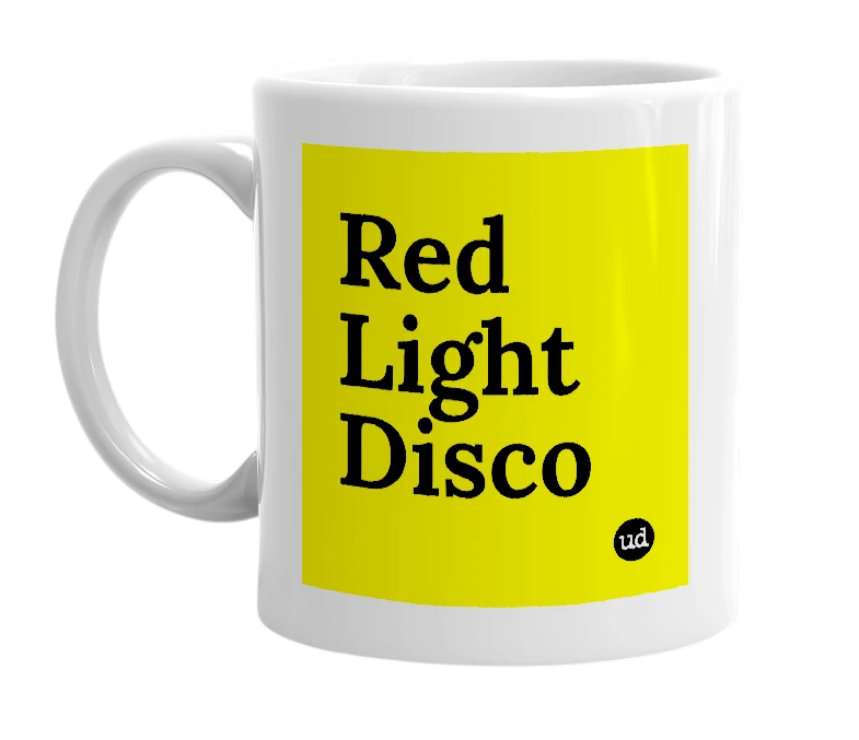 White mug with 'Red Light Disco' in bold black letters