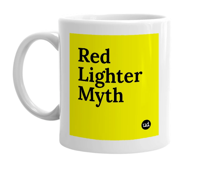 White mug with 'Red Lighter Myth' in bold black letters