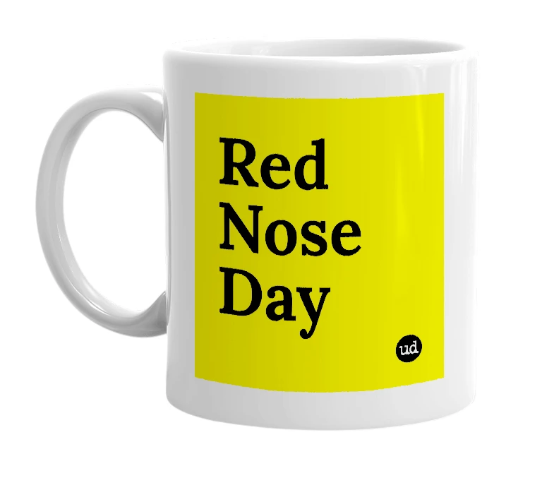 White mug with 'Red Nose Day' in bold black letters