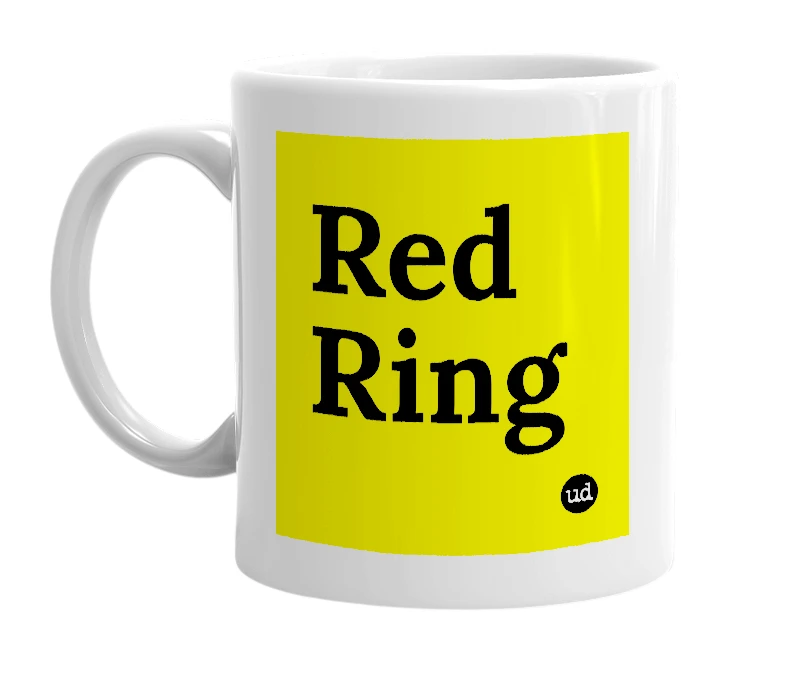 White mug with 'Red Ring' in bold black letters