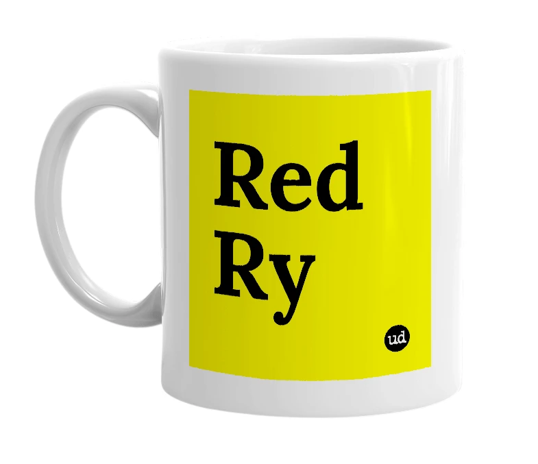 White mug with 'Red Ry' in bold black letters