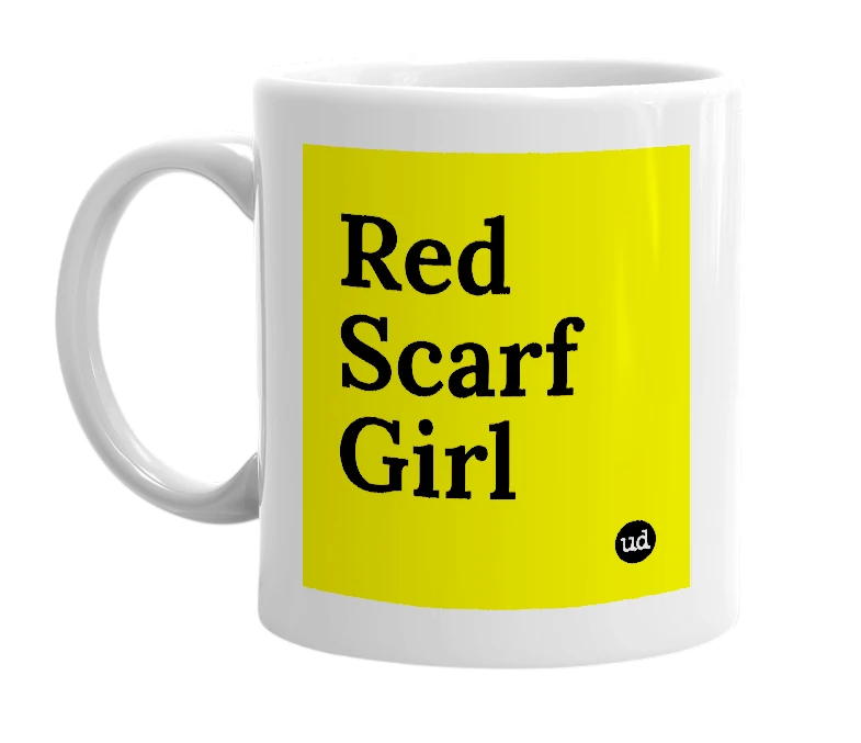 White mug with 'Red Scarf Girl' in bold black letters