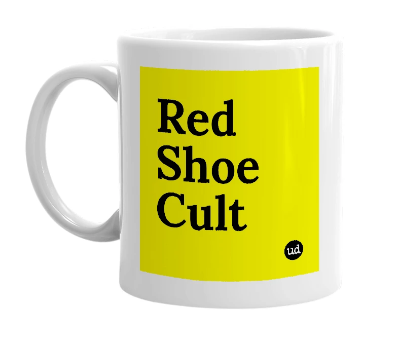 White mug with 'Red Shoe Cult' in bold black letters