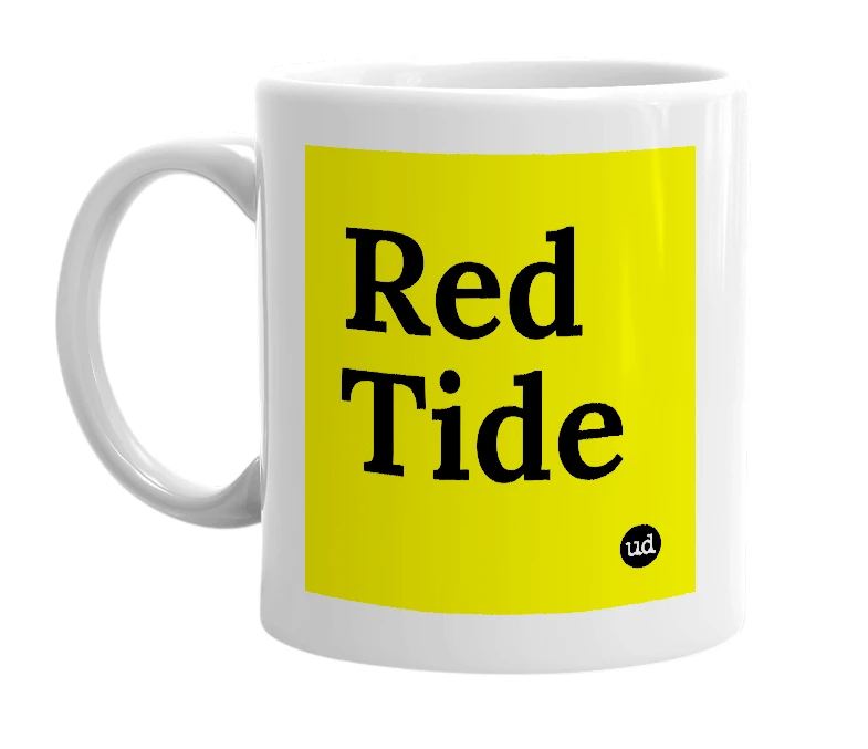 White mug with 'Red Tide' in bold black letters