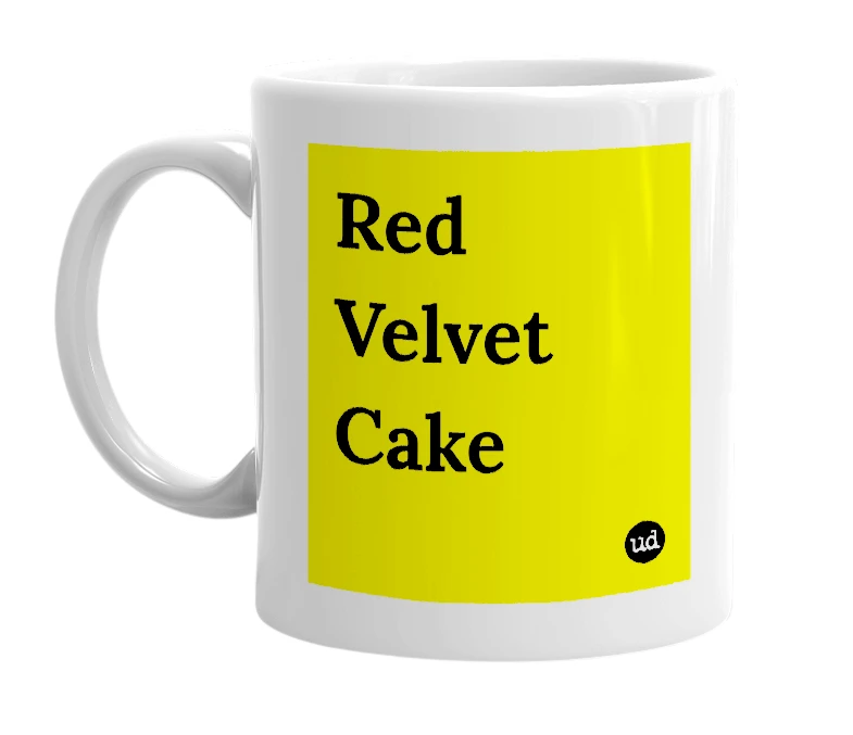 White mug with 'Red Velvet Cake' in bold black letters