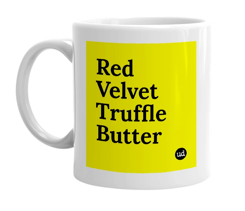 White mug with 'Red Velvet Truffle Butter' in bold black letters