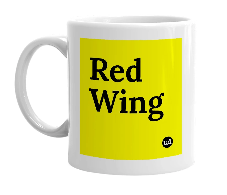 White mug with 'Red Wing' in bold black letters