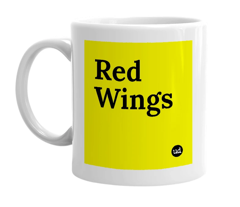 White mug with 'Red Wings' in bold black letters