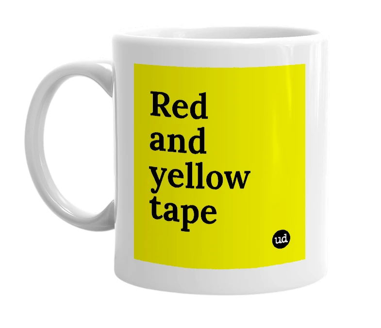 White mug with 'Red and yellow tape' in bold black letters