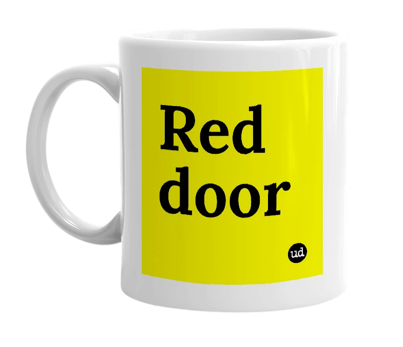 White mug with 'Red door' in bold black letters