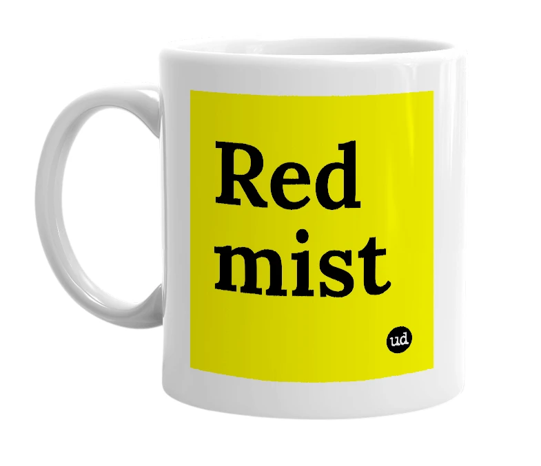 White mug with 'Red mist' in bold black letters