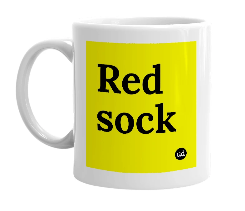 White mug with 'Red sock' in bold black letters