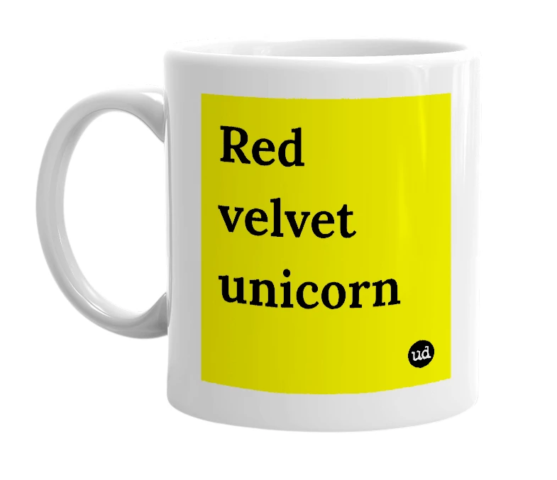 White mug with 'Red velvet unicorn' in bold black letters