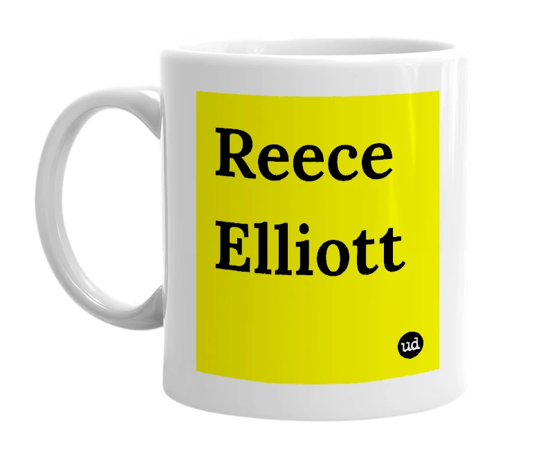 White mug with 'Reece Elliott' in bold black letters