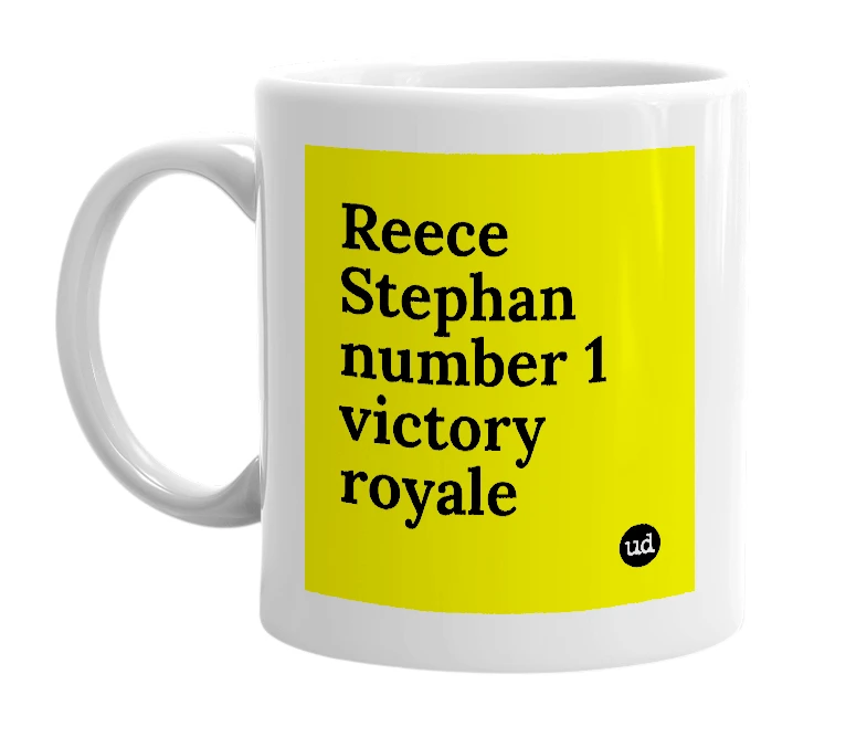 White mug with 'Reece Stephan number 1 victory royale' in bold black letters