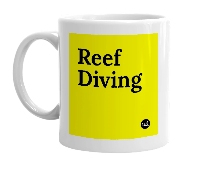 White mug with 'Reef Diving' in bold black letters