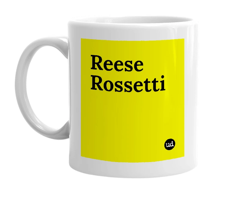 White mug with 'Reese Rossetti' in bold black letters