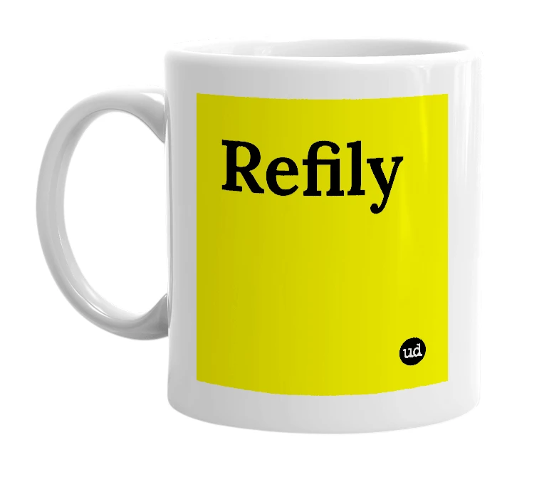 White mug with 'Refily' in bold black letters