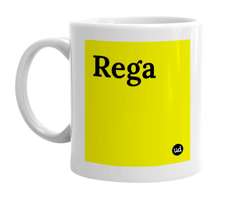 White mug with 'Rega' in bold black letters