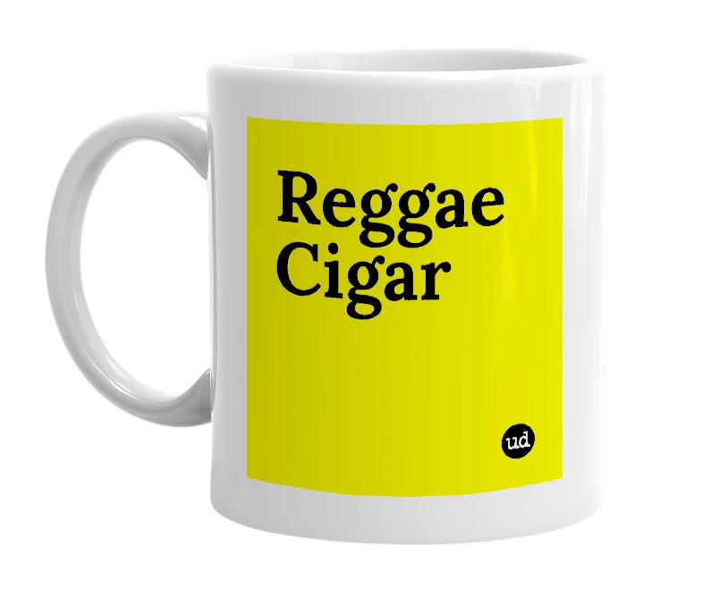 White mug with 'Reggae Cigar' in bold black letters