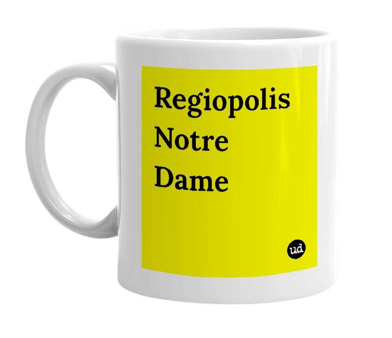 White mug with 'Regiopolis Notre Dame' in bold black letters