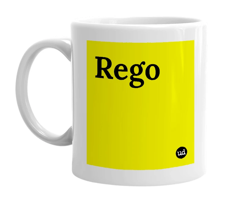 White mug with 'Rego' in bold black letters