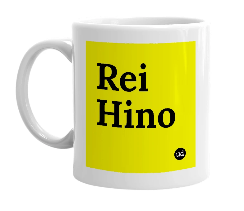 White mug with 'Rei Hino' in bold black letters