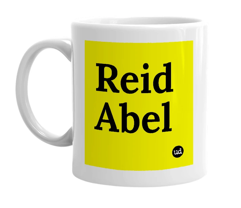 White mug with 'Reid Abel' in bold black letters