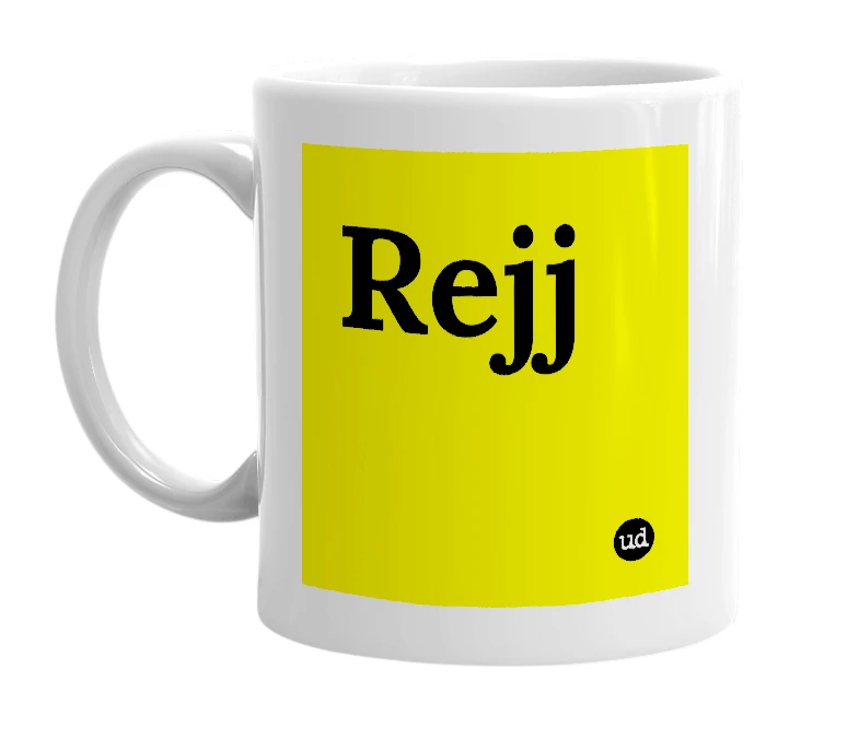 White mug with 'Rejj' in bold black letters