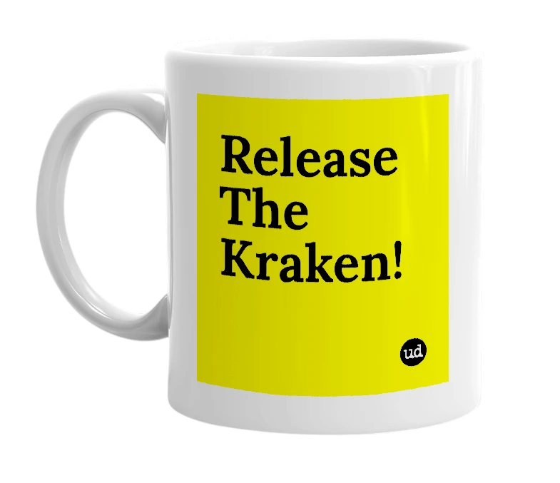 White mug with 'Release The Kraken!' in bold black letters