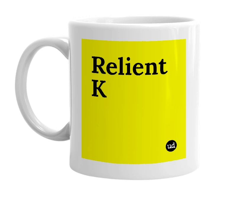 White mug with 'Relient K' in bold black letters