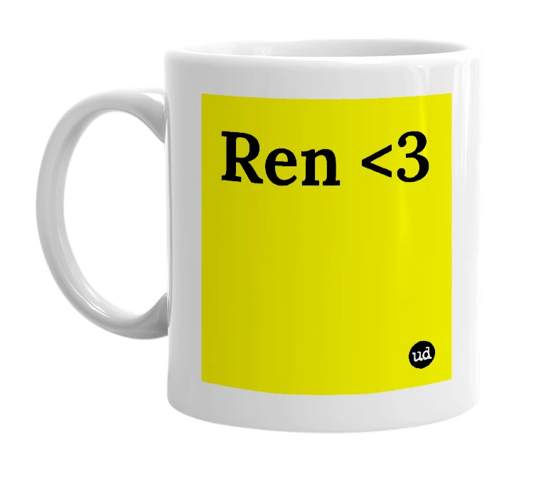 White mug with 'Ren <3' in bold black letters