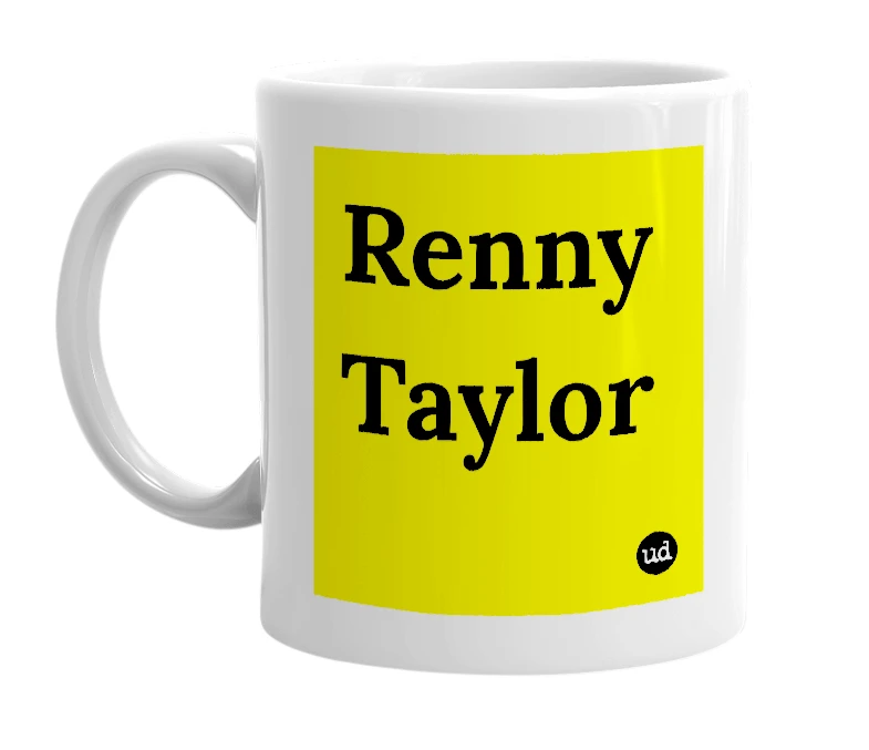 White mug with 'Renny Taylor' in bold black letters