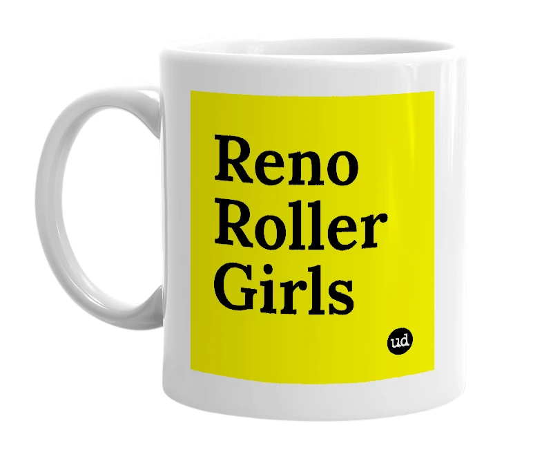 White mug with 'Reno Roller Girls' in bold black letters