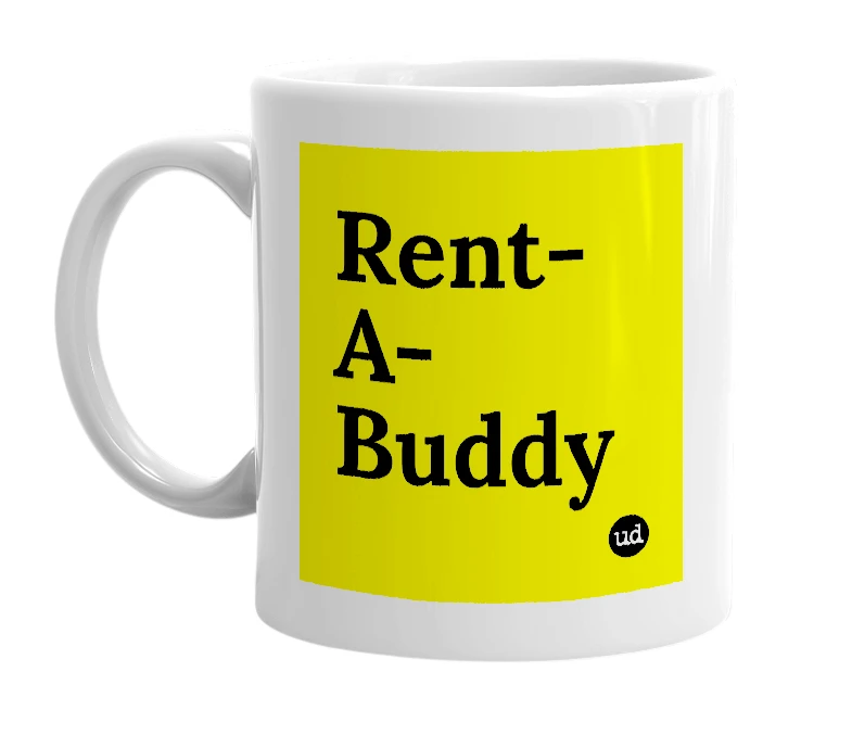 White mug with 'Rent-A-Buddy' in bold black letters