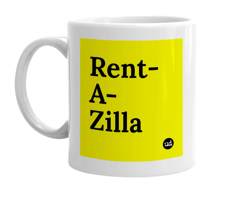 White mug with 'Rent-A-Zilla' in bold black letters