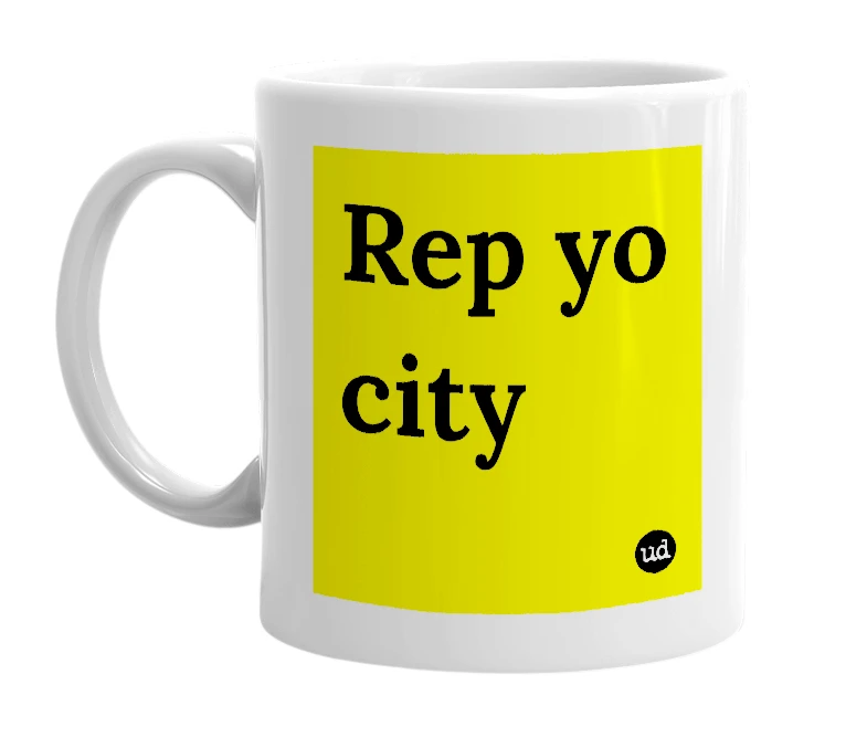 White mug with 'Rep yo city' in bold black letters
