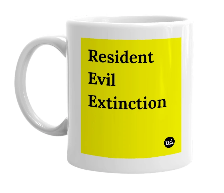 White mug with 'Resident Evil Extinction' in bold black letters