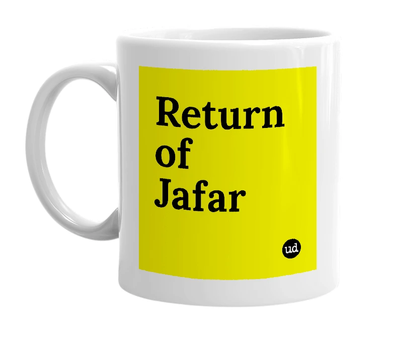 White mug with 'Return of Jafar' in bold black letters