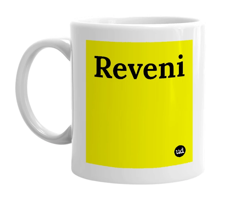 White mug with 'Reveni' in bold black letters