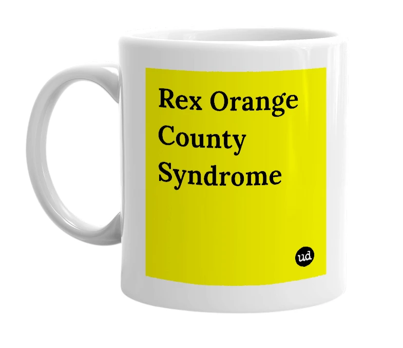White mug with 'Rex Orange County Syndrome' in bold black letters