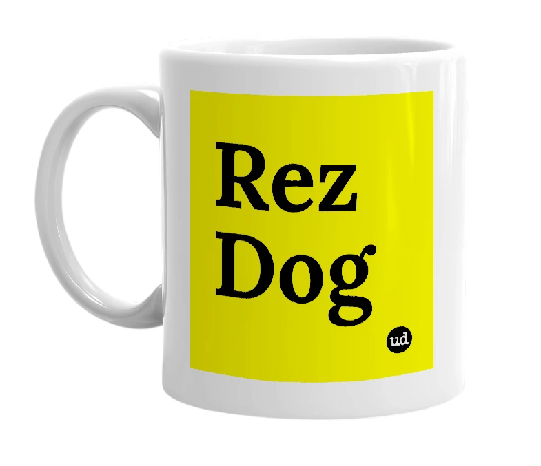 White mug with 'Rez Dog' in bold black letters