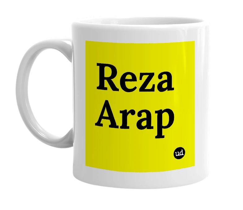 White mug with 'Reza Arap' in bold black letters