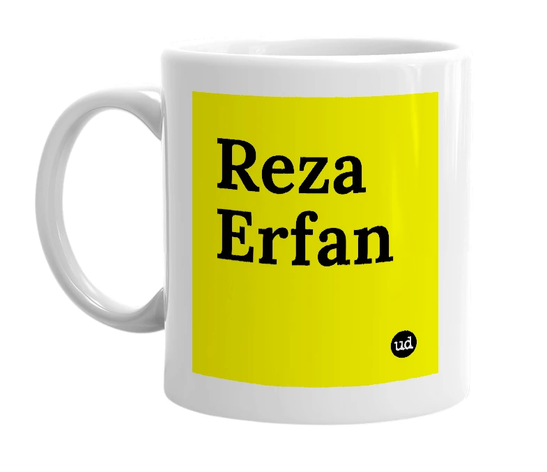 White mug with 'Reza Erfan' in bold black letters