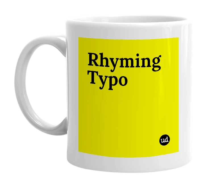 White mug with 'Rhyming Typo' in bold black letters