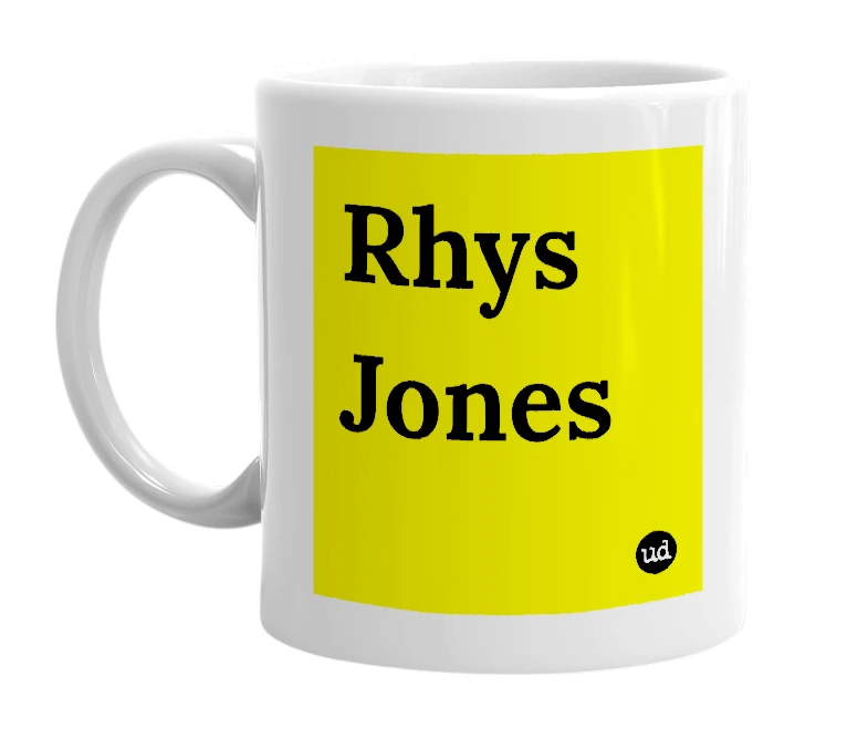 White mug with 'Rhys Jones' in bold black letters