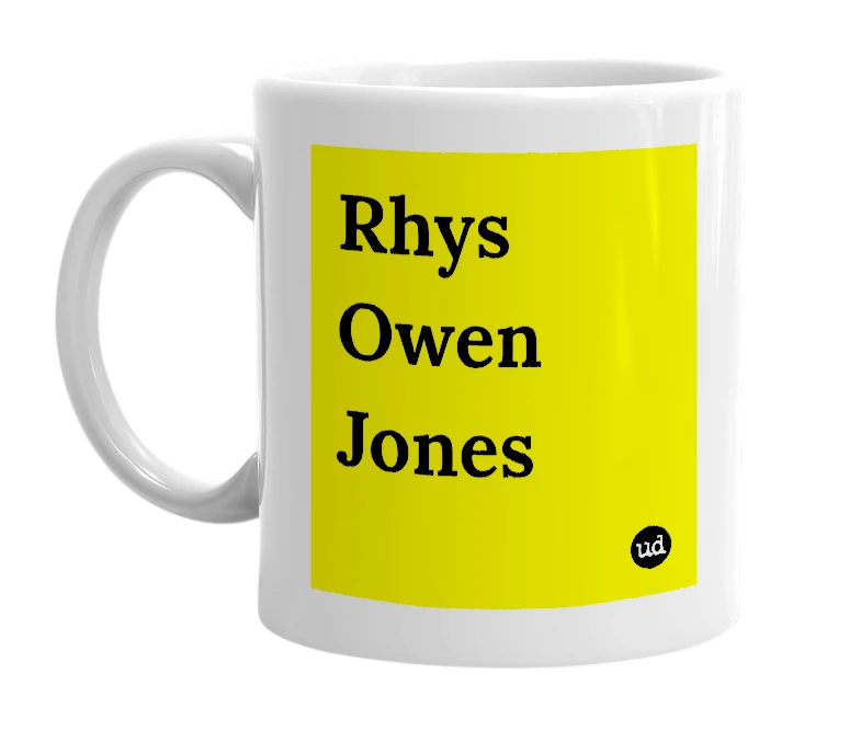 White mug with 'Rhys Owen Jones' in bold black letters
